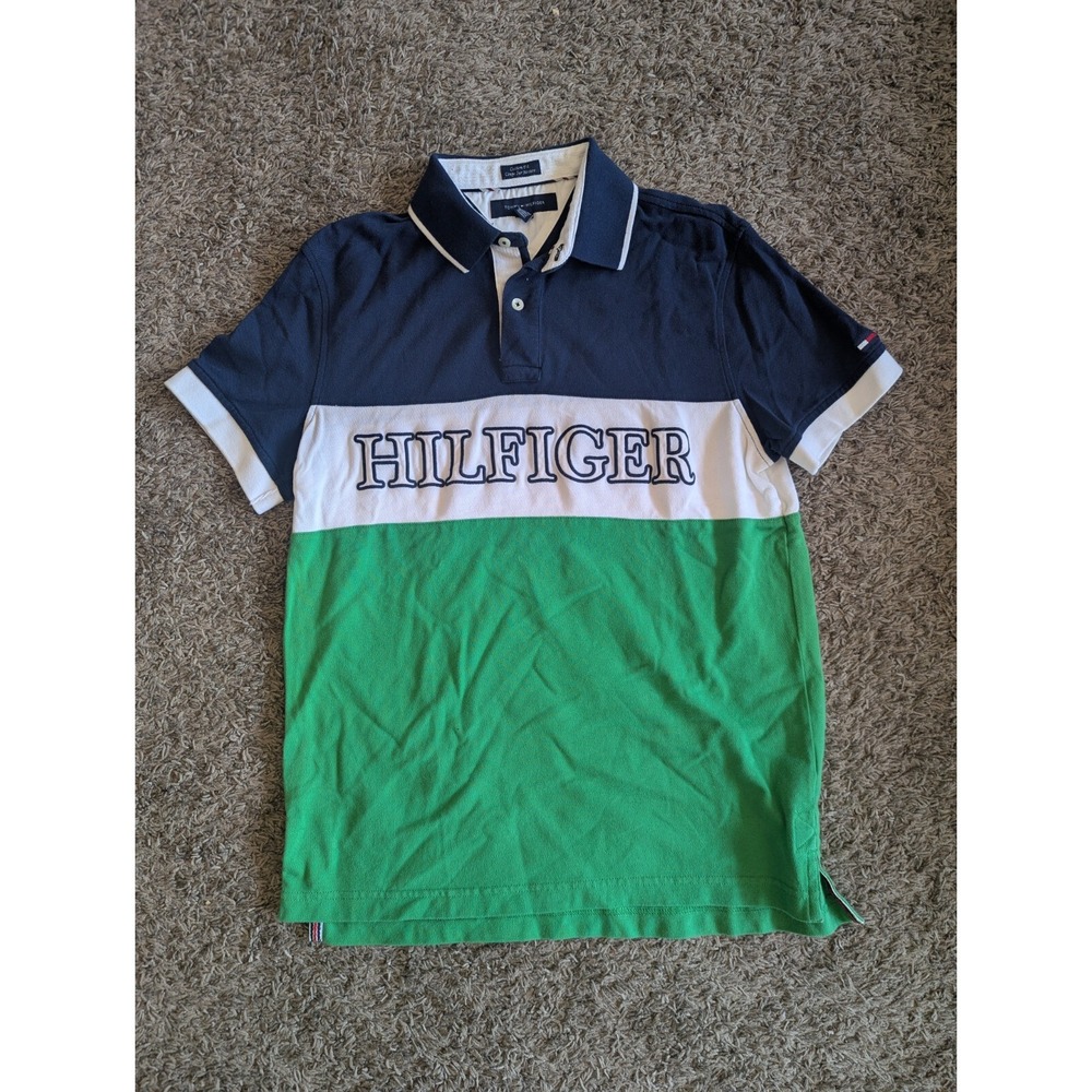VTG Tommy Hilfiger Spell Out Color Block Rugby Polo Shirt Mens Size M College